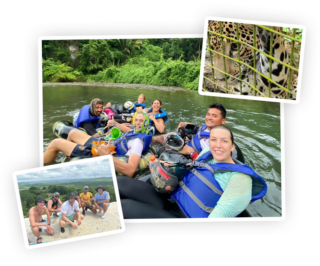 Guests tubing a Belize river, with a jaguar and a group photo at a Mayan site